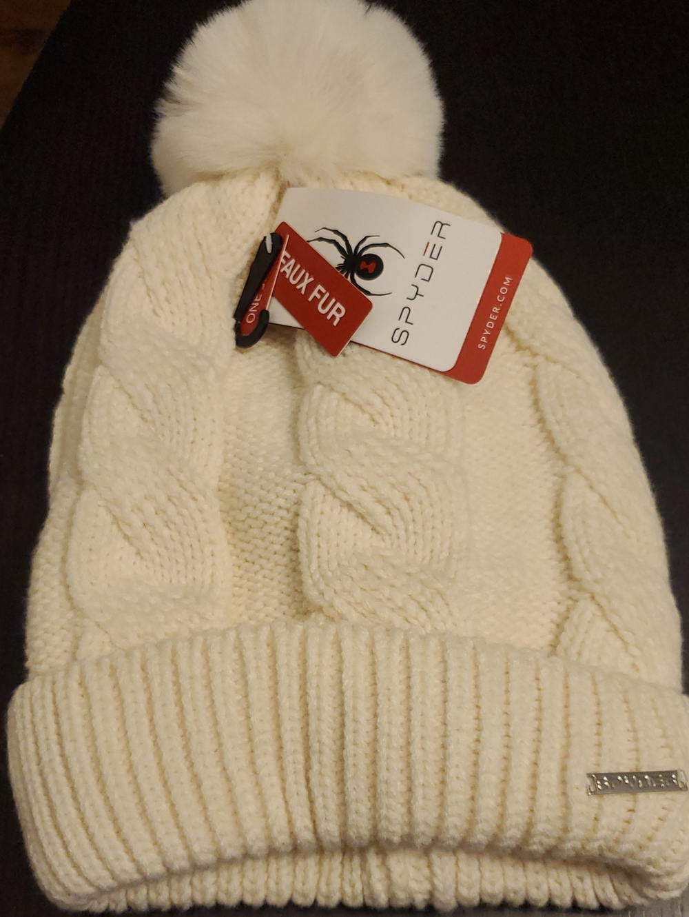 Spyder Women's Ivory Cable-Knit Beanie with Faux Fur Pom